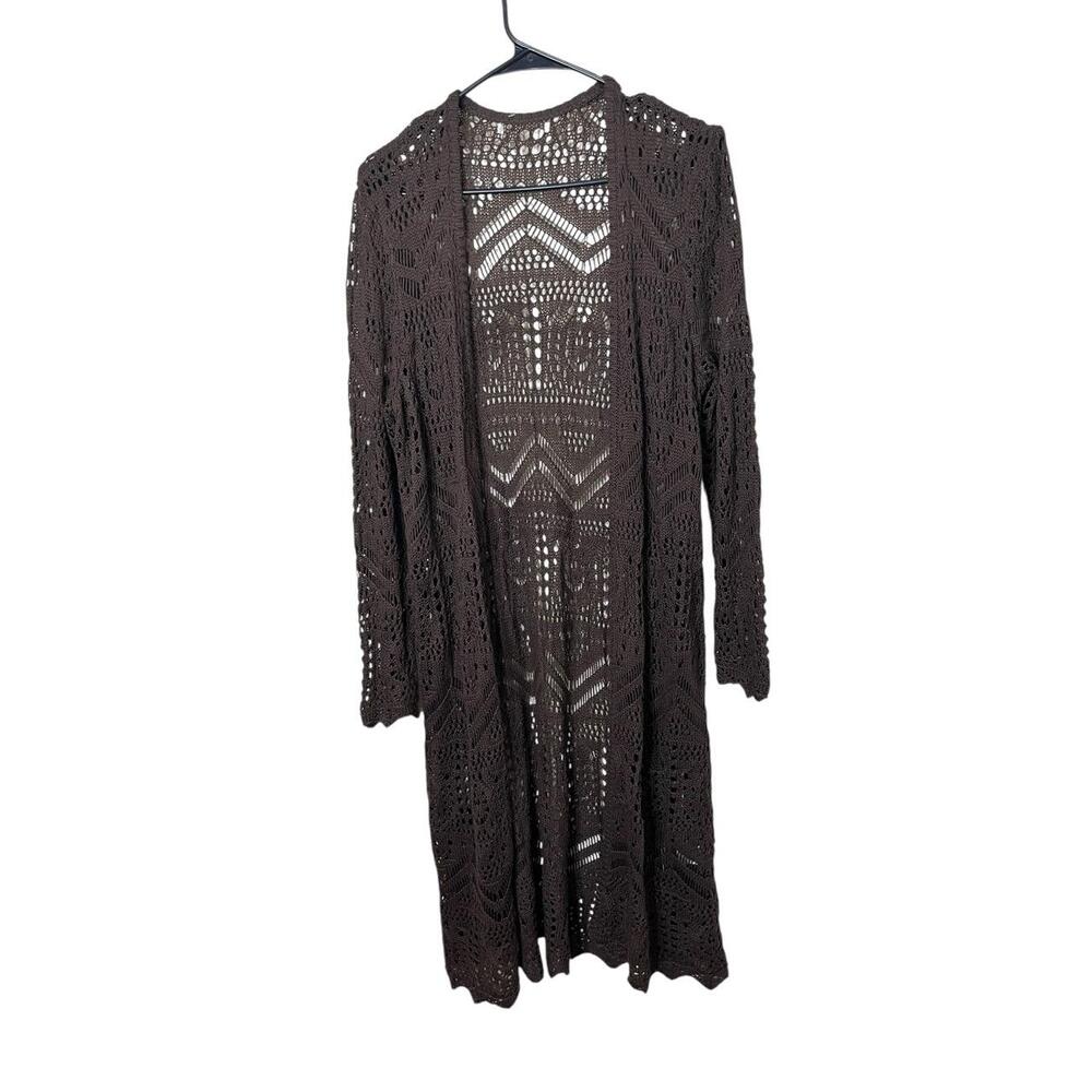 Brown Crochet Knit Long Sleeves Open Front Long Cardigan Womens Size‎ L